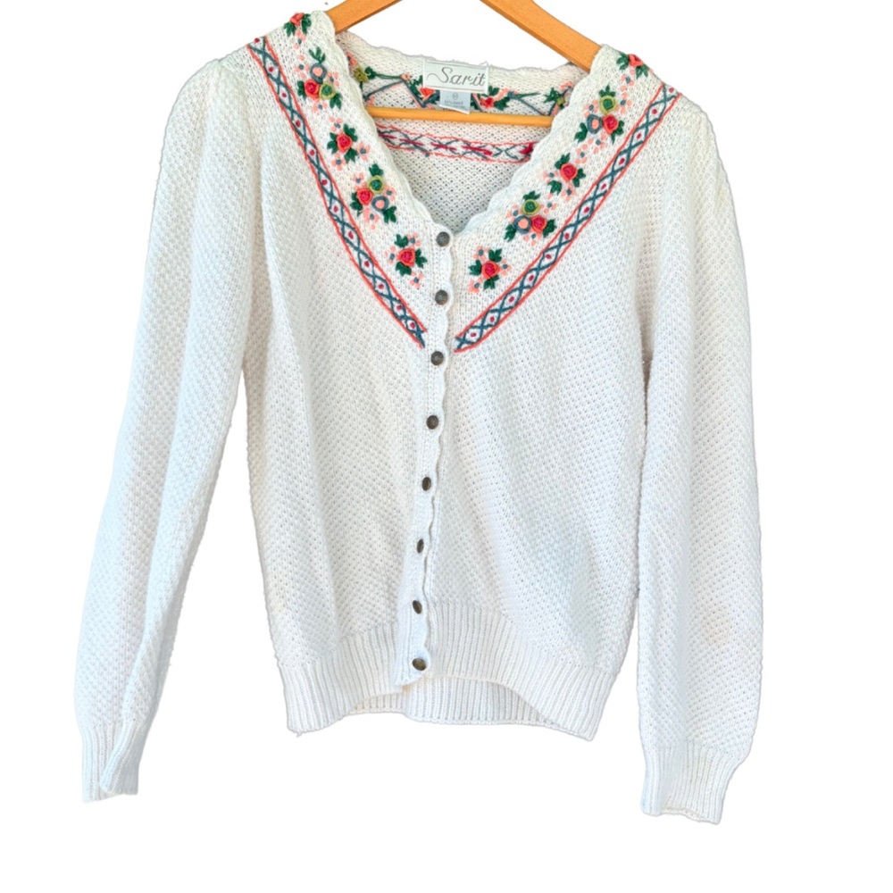Vintage White Cardigan with Floral Embroidery Doen Style